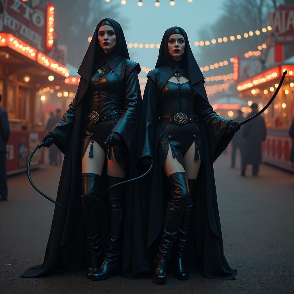 Gothic Nuns with Bullwhips in Fairground, Dark Baroque Style