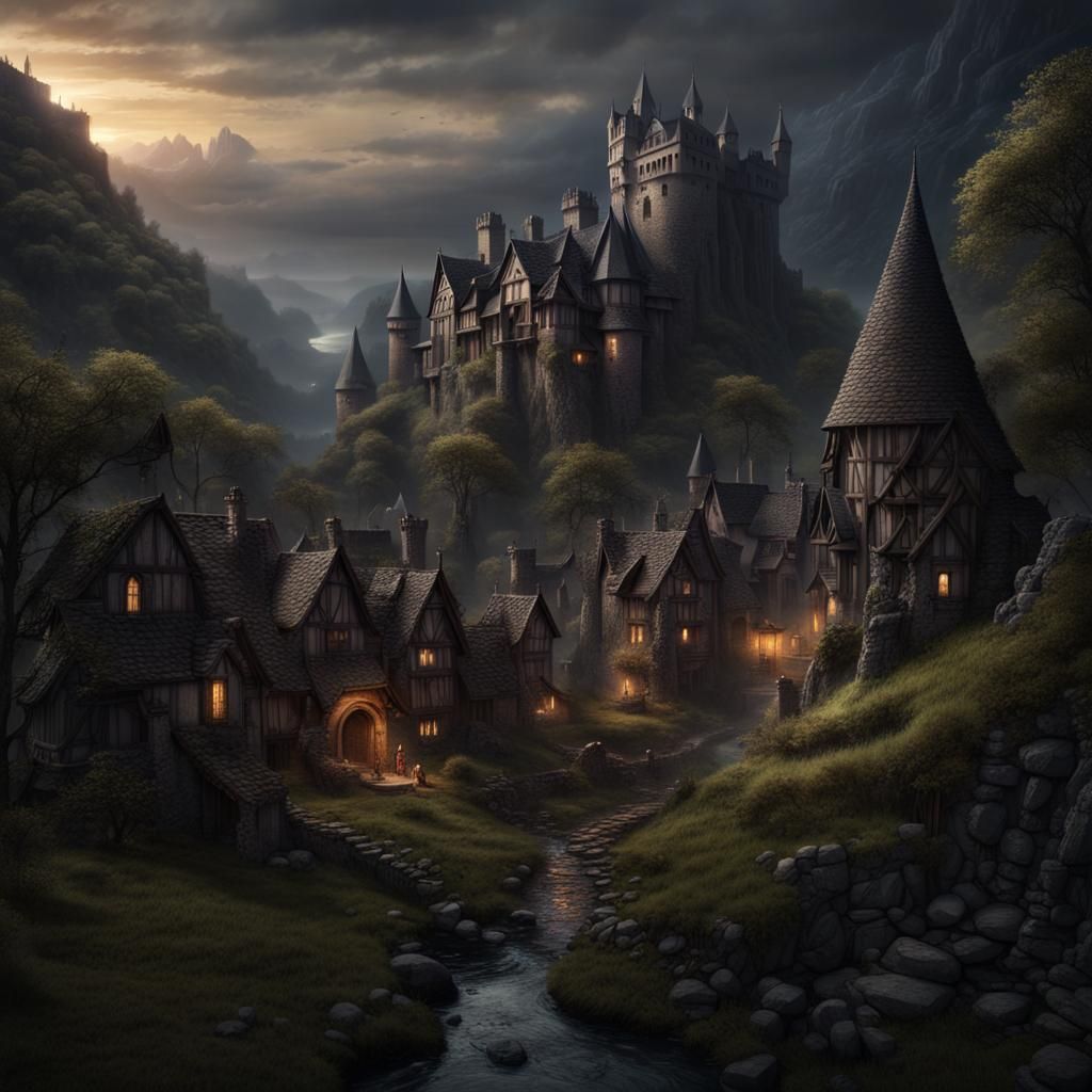 Dark Fantasy Hamlet Beneath Gothic Castle