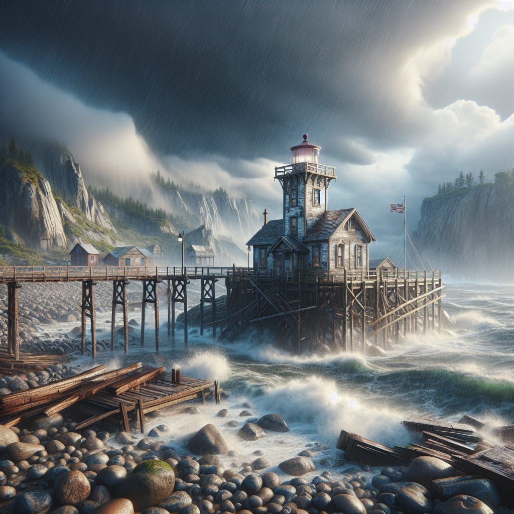 Dilapidated Lighthouse on Stormy Beach in Photorealistic Sty...