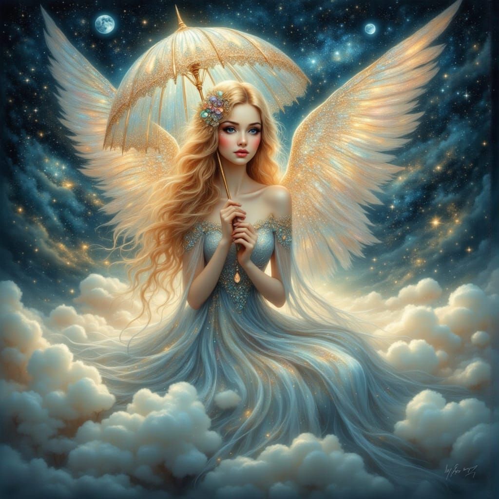 Ethereal Angel in Soft, Golden Hues with Delicate Art Nouvea...