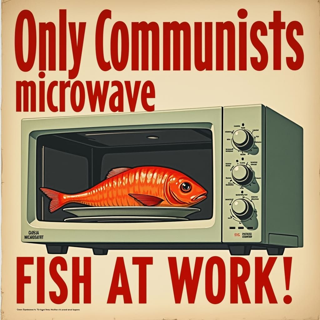 Humorous 1950s Propaganda Poster About Microwaved Fish