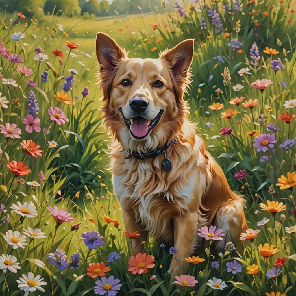 Happy Dog in Lush Meadow: Vibrant Oil Painting