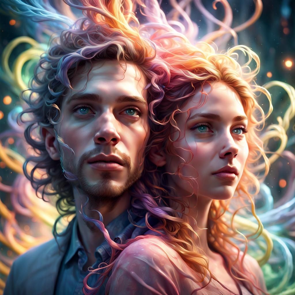 Ethereal Portrait of Intertwined Faces in Biopunk Style