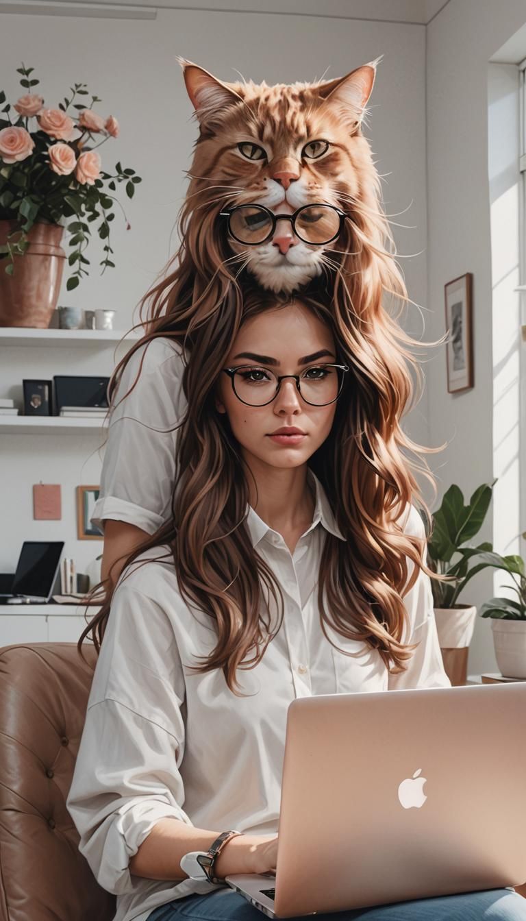 Girl with Cat in Cozy Room, Digital Art