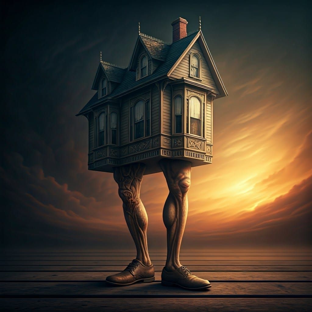 Hyperrealistic House with Legs in Ash Thorp Style