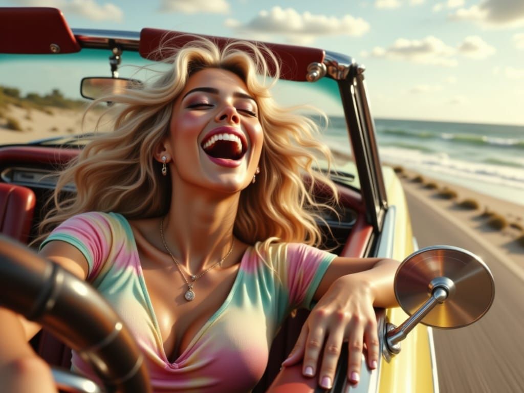 Ultra-Hyper-Realistic Beauty in a 1970s Mercedes