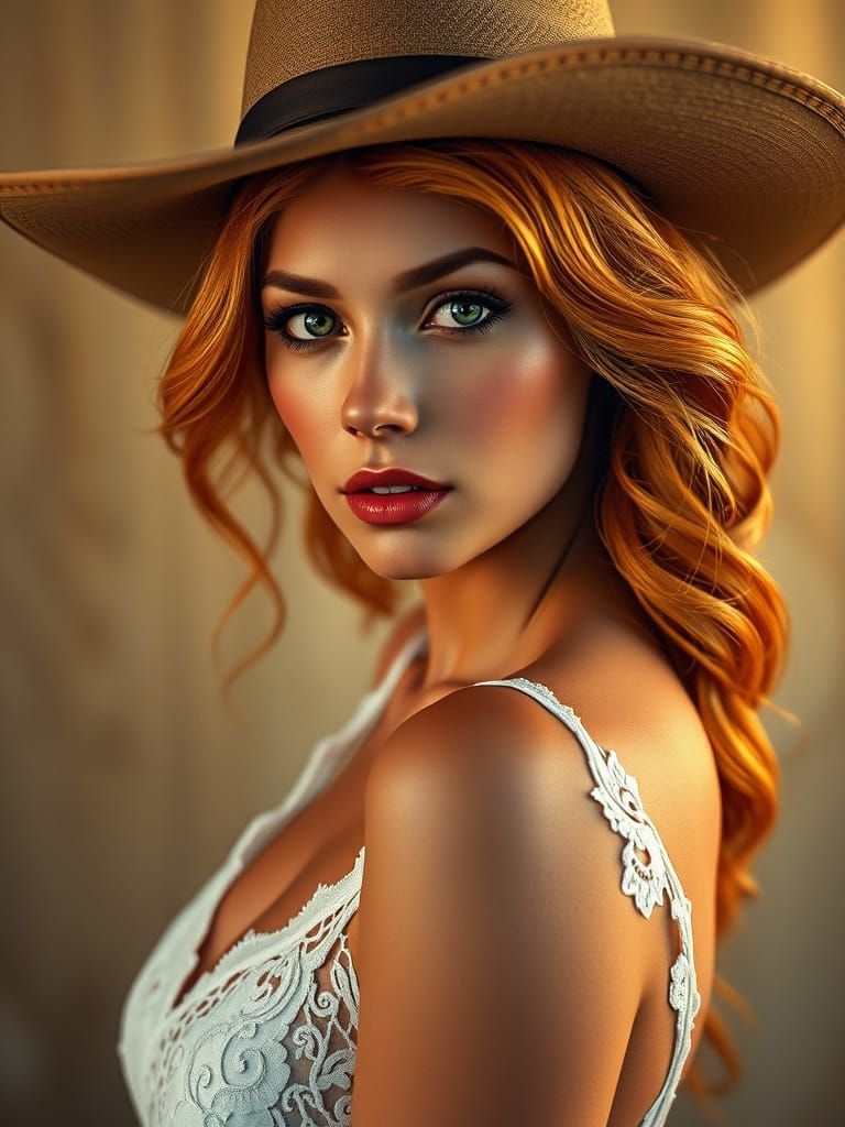 Strawberry Blonde Siren in Cowboy Hat, Cinematic Hyperrealis...