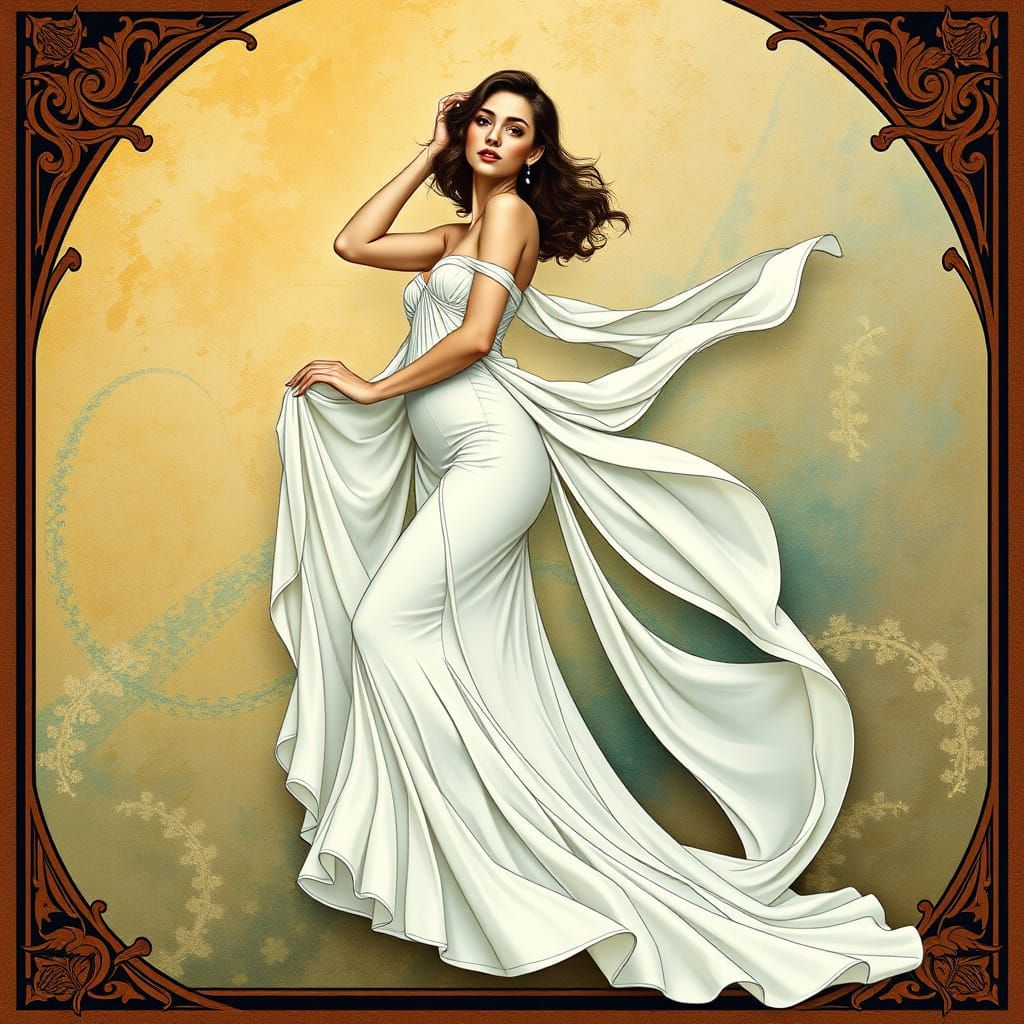 Elegant Woman in Flowing Gown, Art Nouveau Style