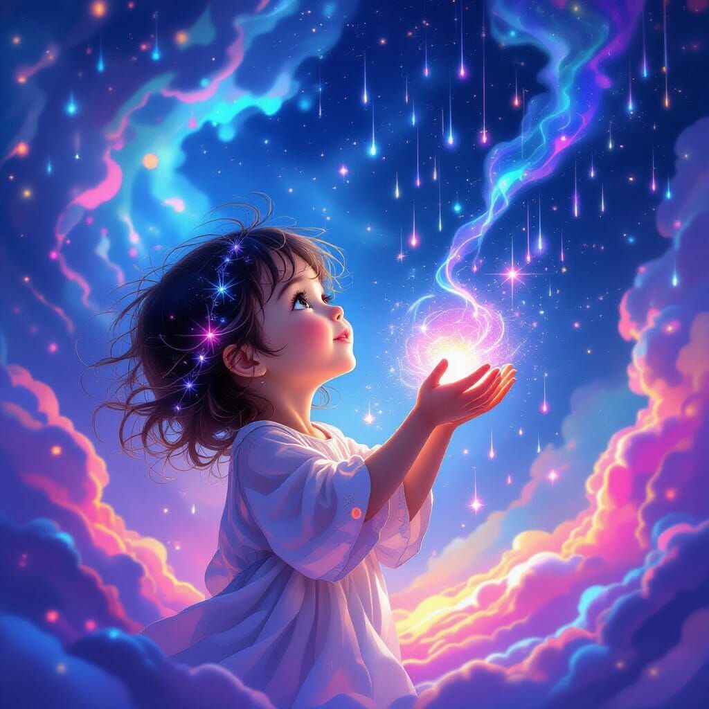 Ethereal Child Catches Stardust Rain in Cosmic Nebula
