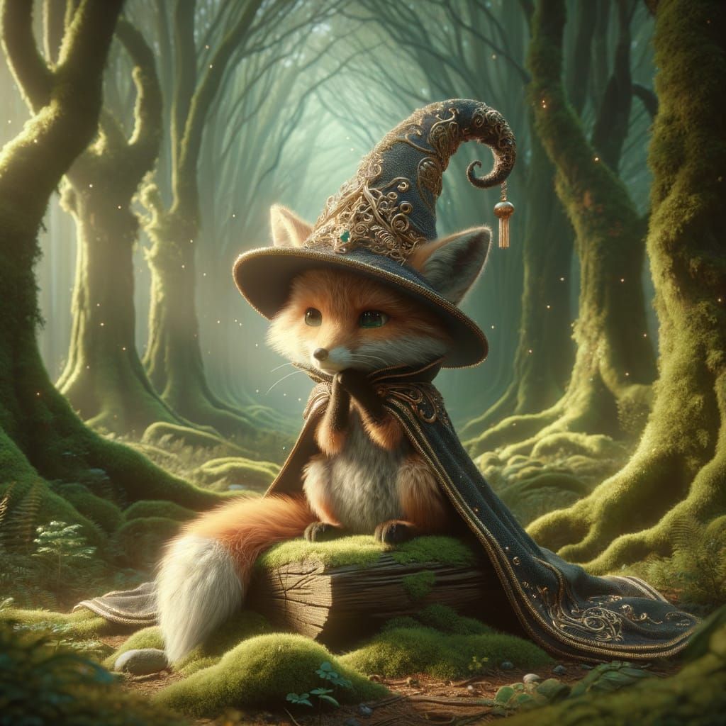 Whimsical Fox Wizard in Enchanted Forest Clearing