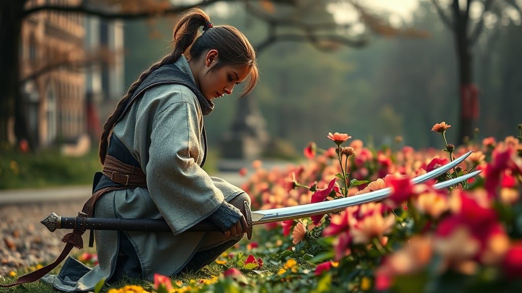 Noble Warrior Contemplates Blooming Flowers