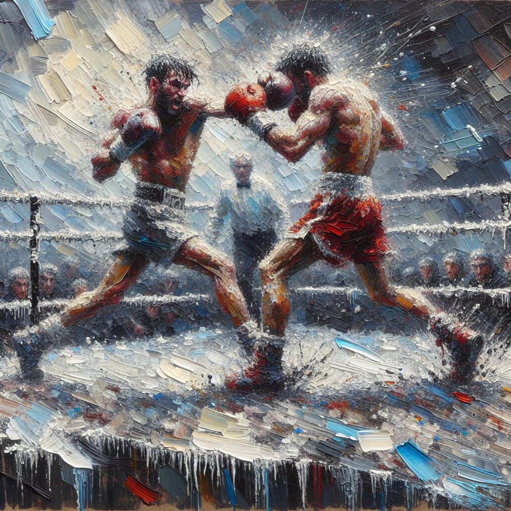 Impasto oil painting of an intense and dynamic two boxers mid-fight in a ring. The painting, set on a winter's day in a ...
