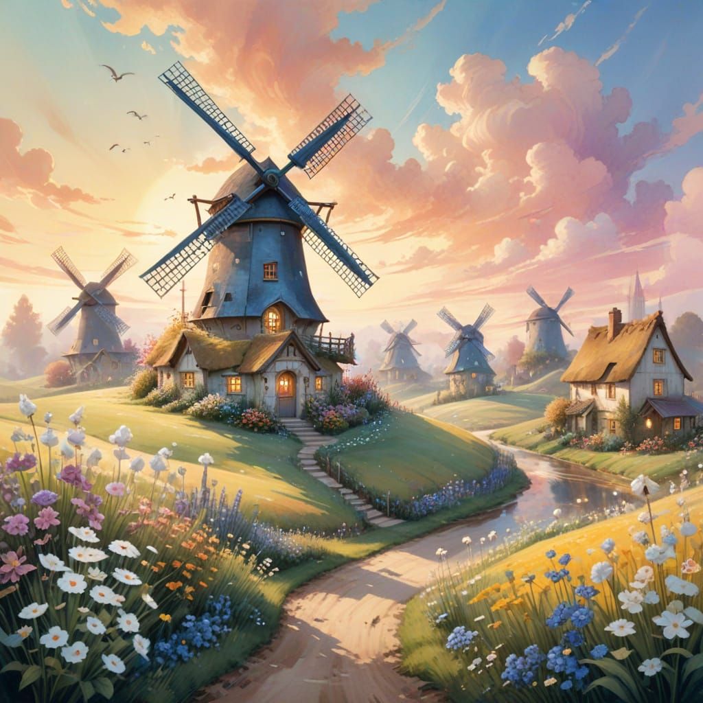 Dreamlike Windmill Village in Stylized Watercolour