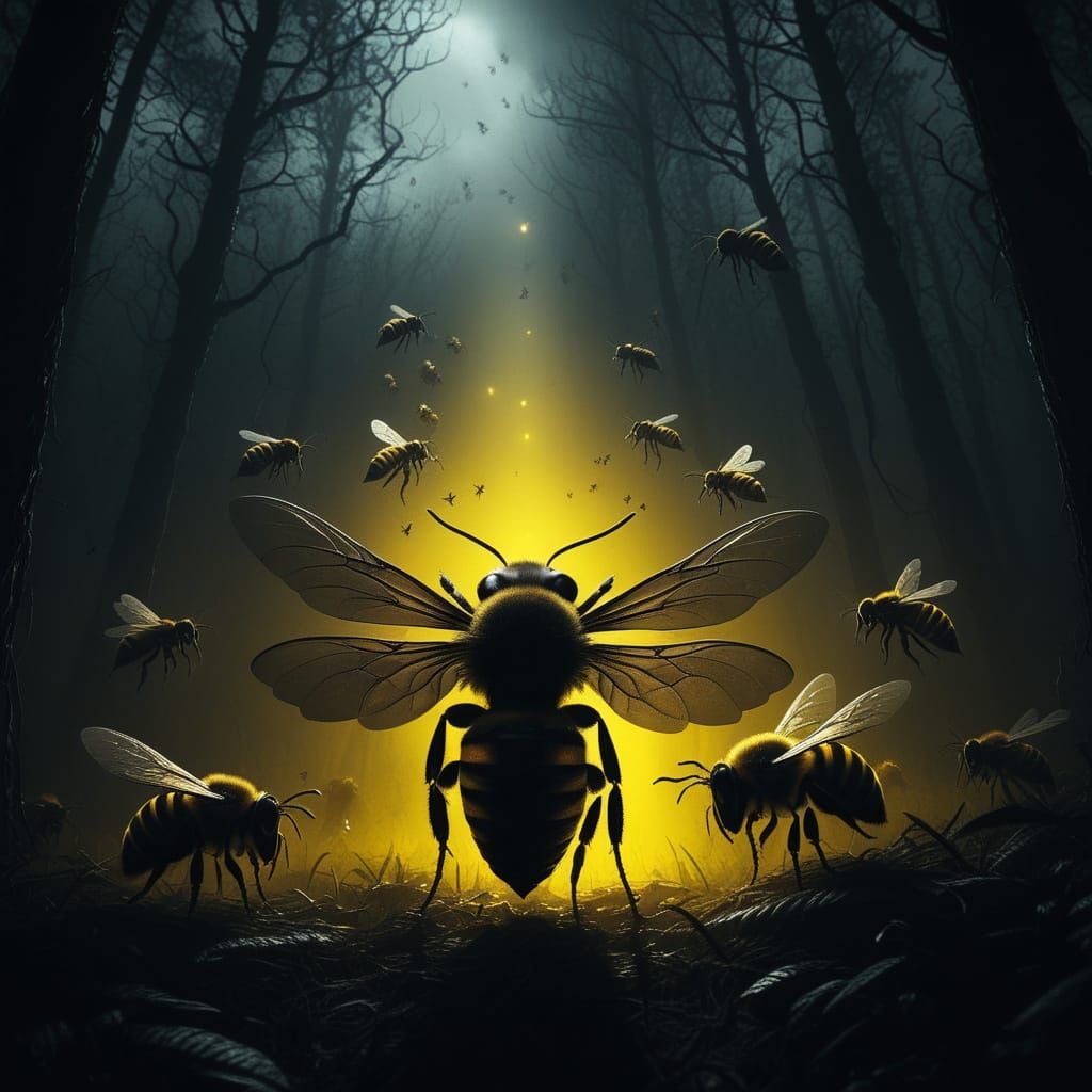 Men Overwhelmed by Dark Swarm in Forest