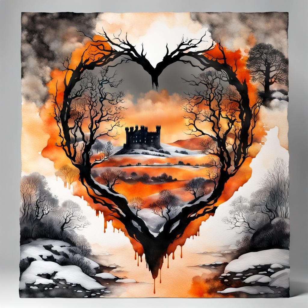 Romantic Scottish Castle Winter Landscape in Double Exposure