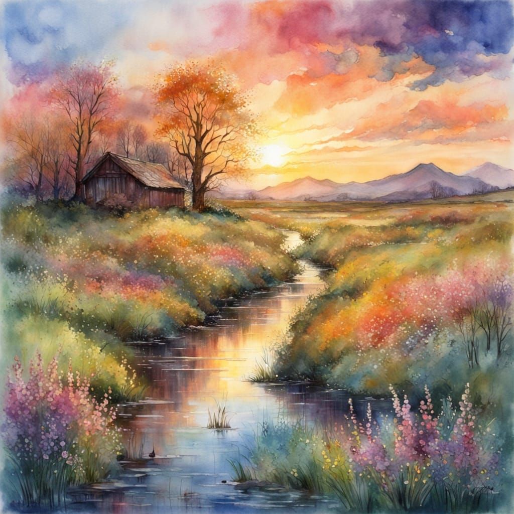 Vibrant Spring Landscape in Watercolour