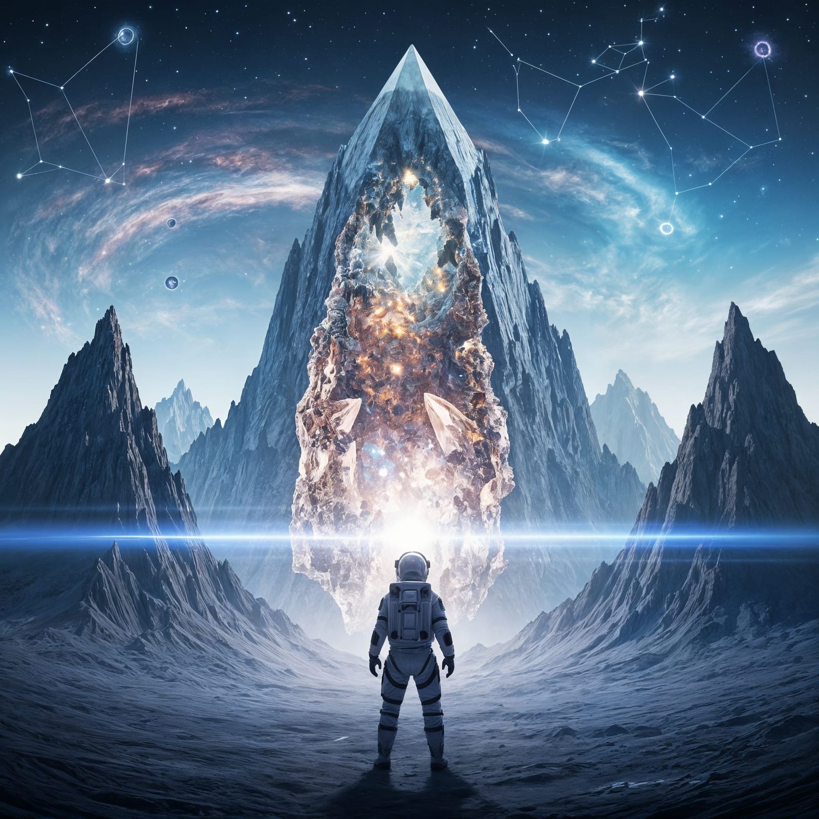 Astronaut Gazes at Colossal Crystal Geode on Alien Planet