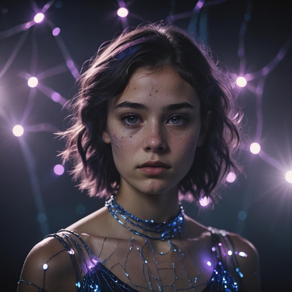 Cinematic Film Still of Girl with Blue Markings