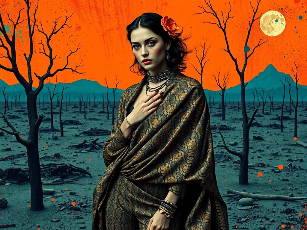 Haute Couture Goddess in Apocalyptic Azure Dreamscape