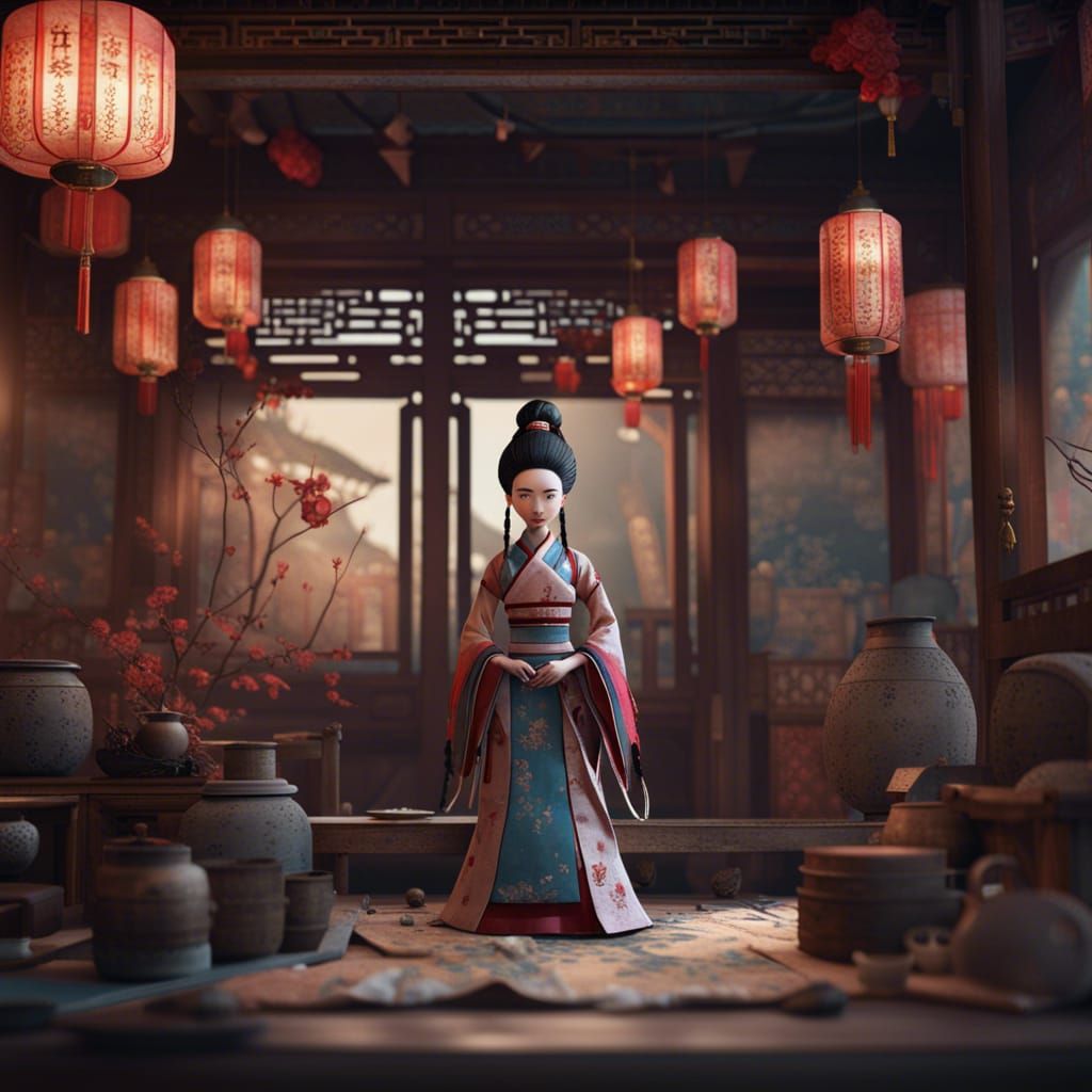 Chinese Paper Doll in Ancient House, Detailed Matte Painting