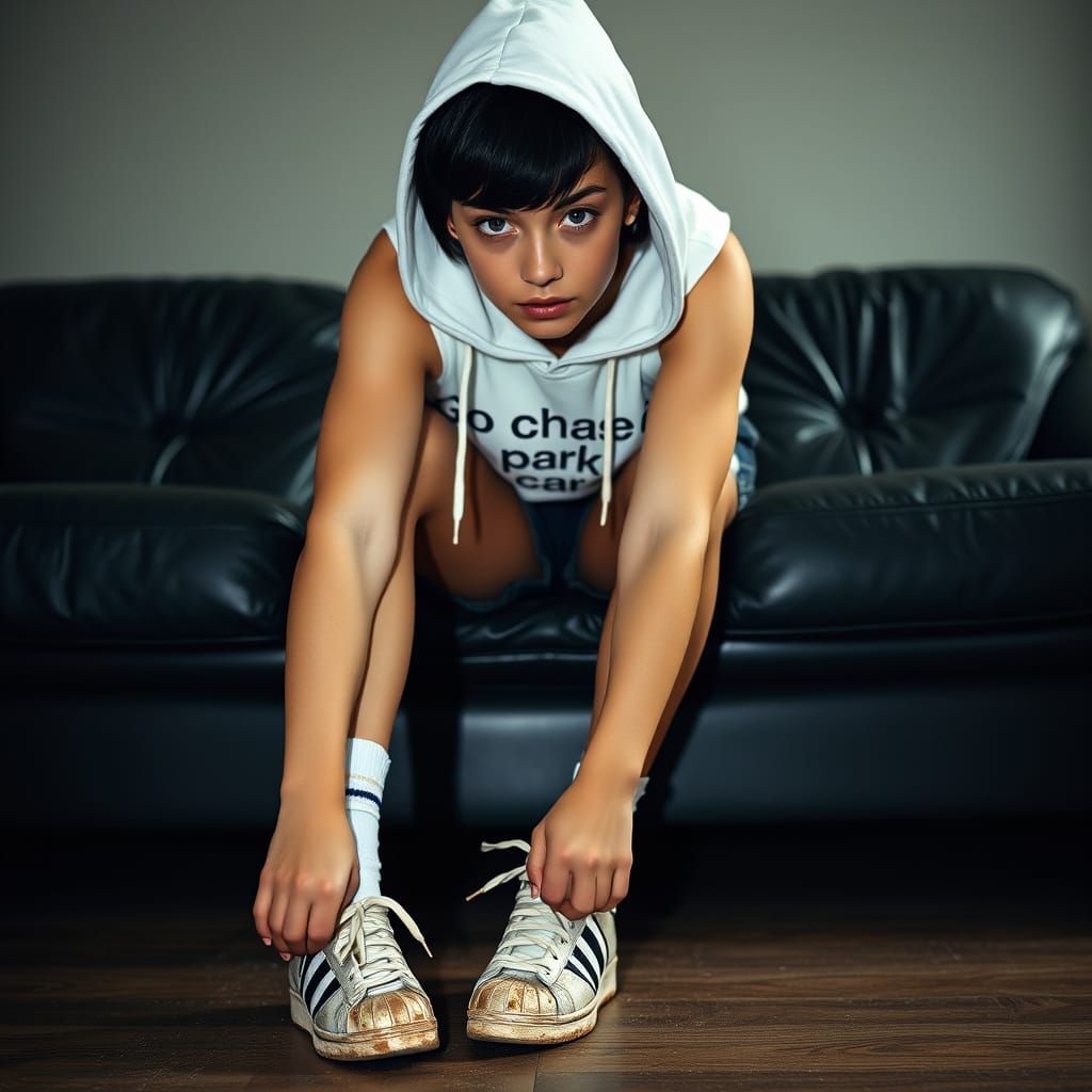 Woman Picking Up Sneakers in Cinematic Film Still