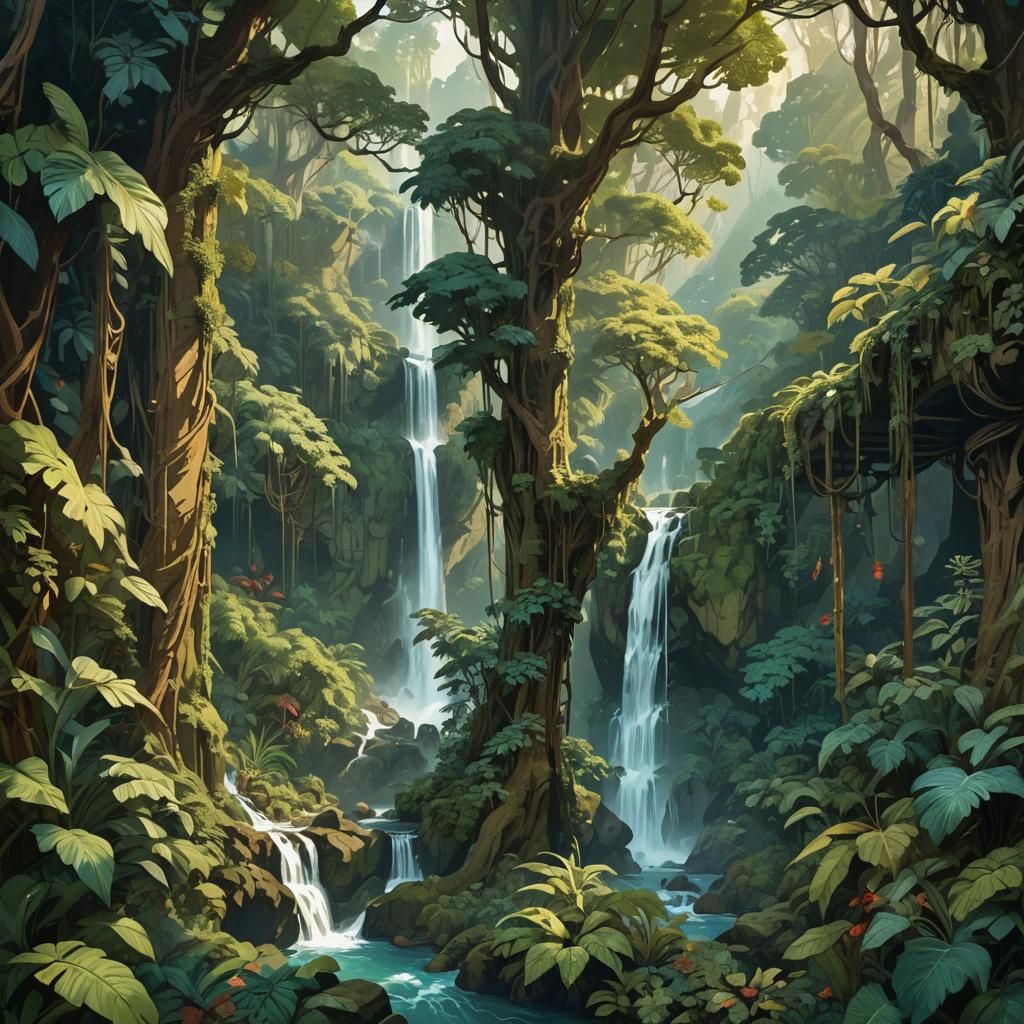 Rainforest Waterfall in Da Vinci and Mucha Style