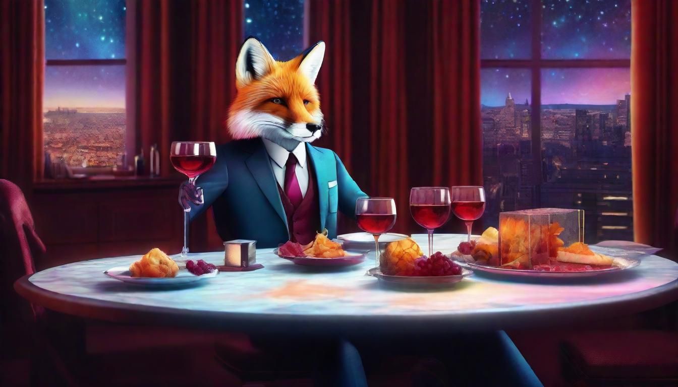 Surreal Fox Server in Formal Attire Serves Wine in a High-Te...
