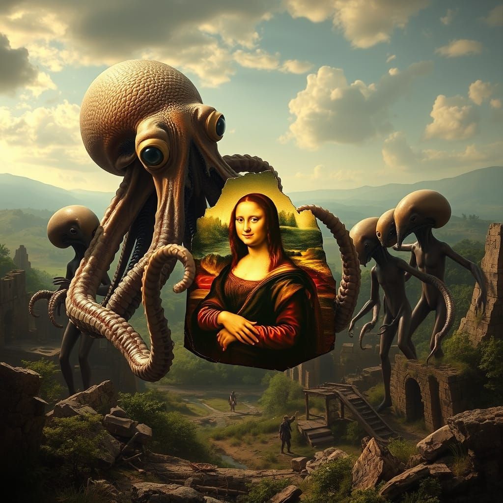 Alien Octopus with Mona Lisa Fragment, Hyperrealistic