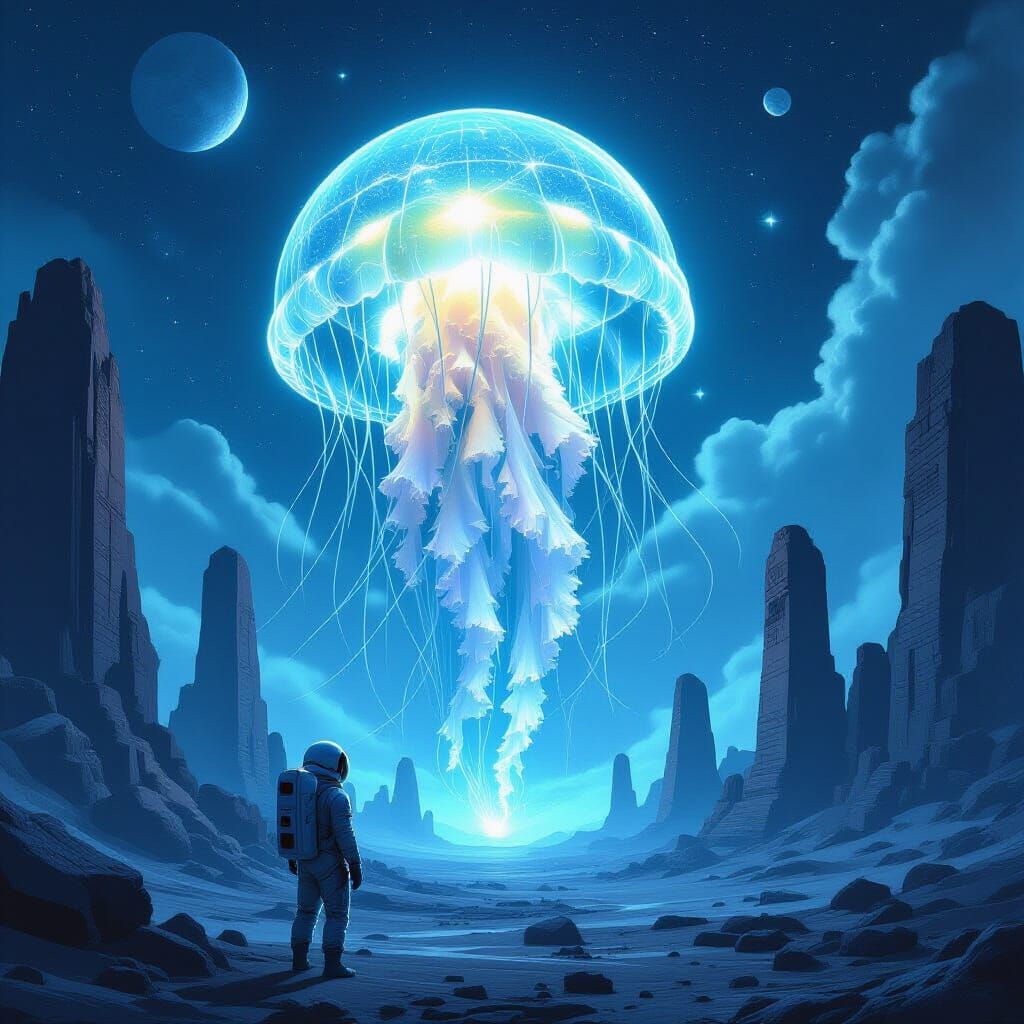 Bioluminescent Jellyfish Floats Above Alien Planet
