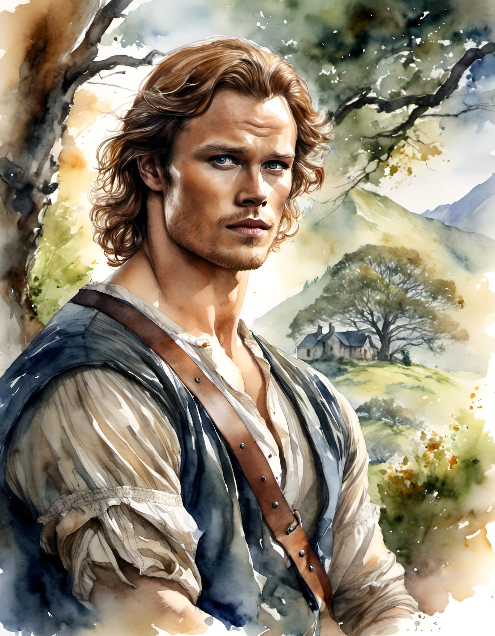 Watercolor Painting of Jamie Fraser in Highlands