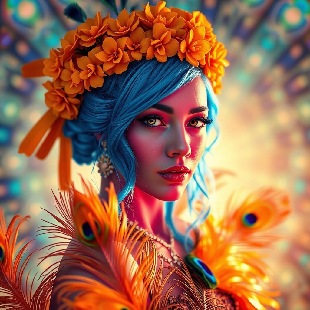 Vibrant Woman with Flowers and Peacock Feathers