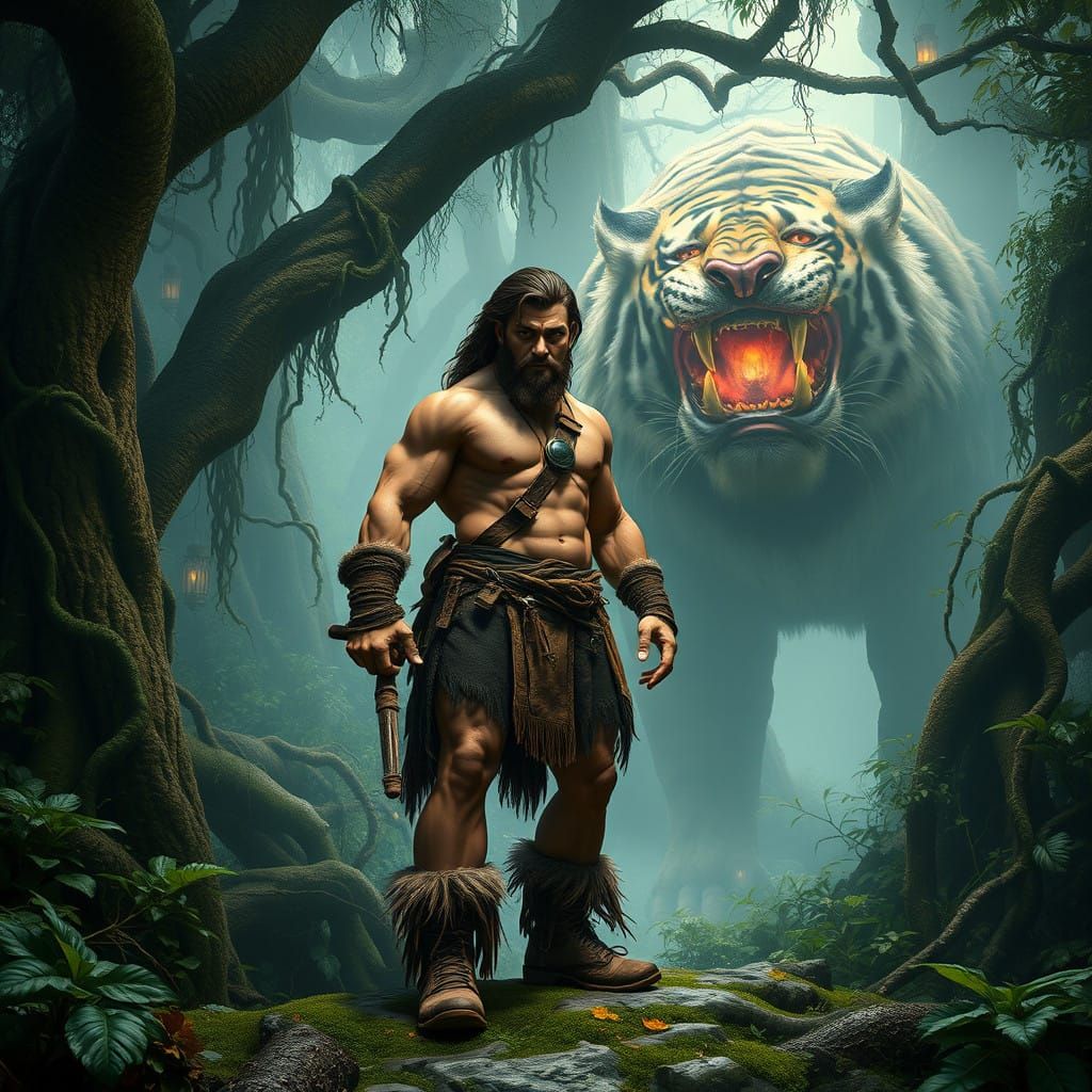 Muscled Barbarian Warrior Readies for Battle in Mysterious J...