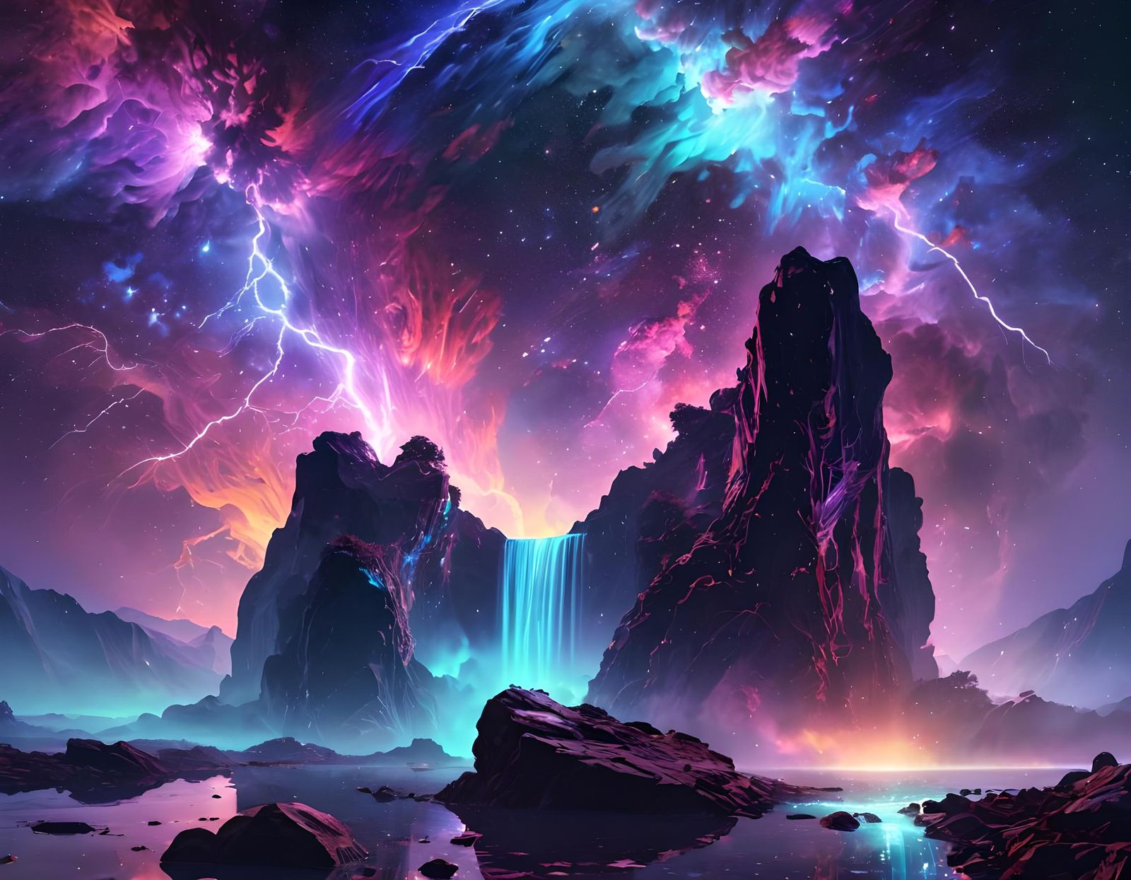 (UV Neon Colours), Inky Oil, misty waterfall, lightning (Hol...