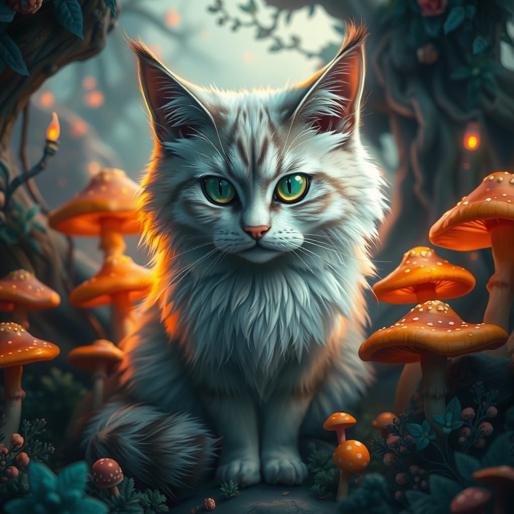 Majestic Fluffy Cat Amidst Whimsical Landscape