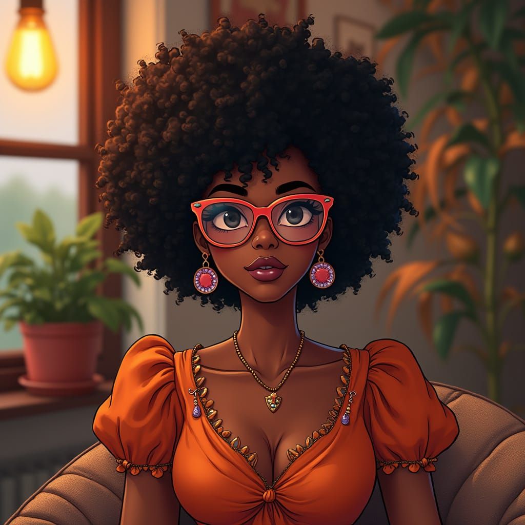 Confident Black Woman in Cozy Anime-Inspired Setting