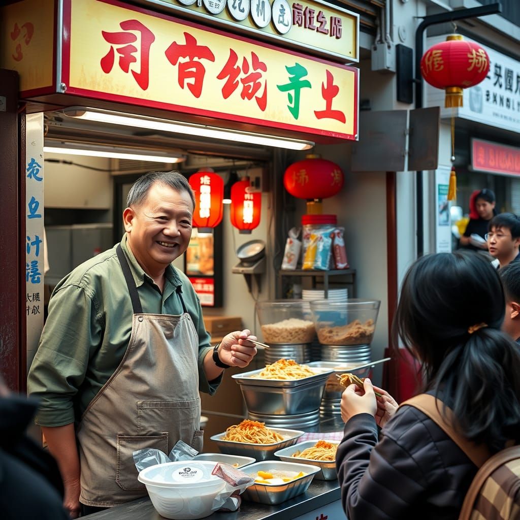 Smiling Chinese Street Food Vendor at Market