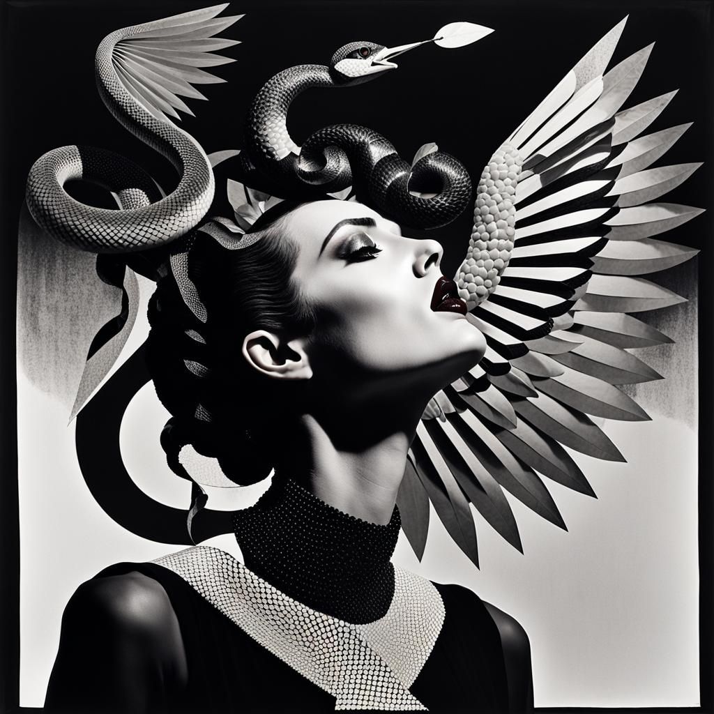 Surreal Serpent Offers Fruit to Winged Woman