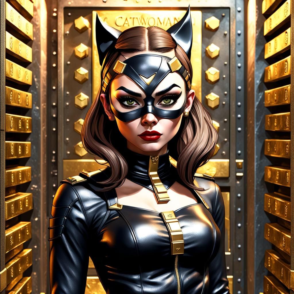 Hyperrealistic Catwoman Portrait in Gold Vault