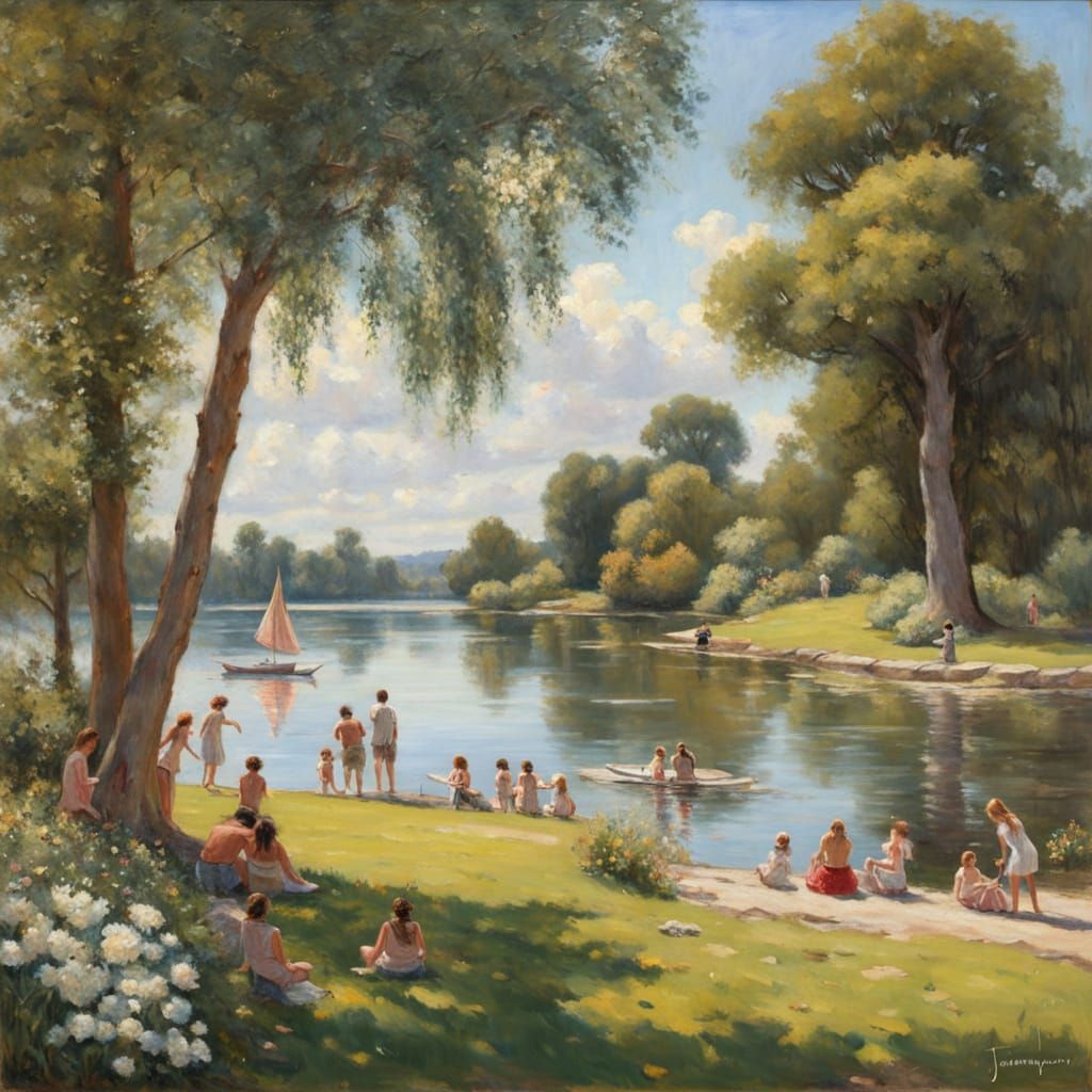 Families Relaxing by a Lake: Gurney-Style Oil Painting