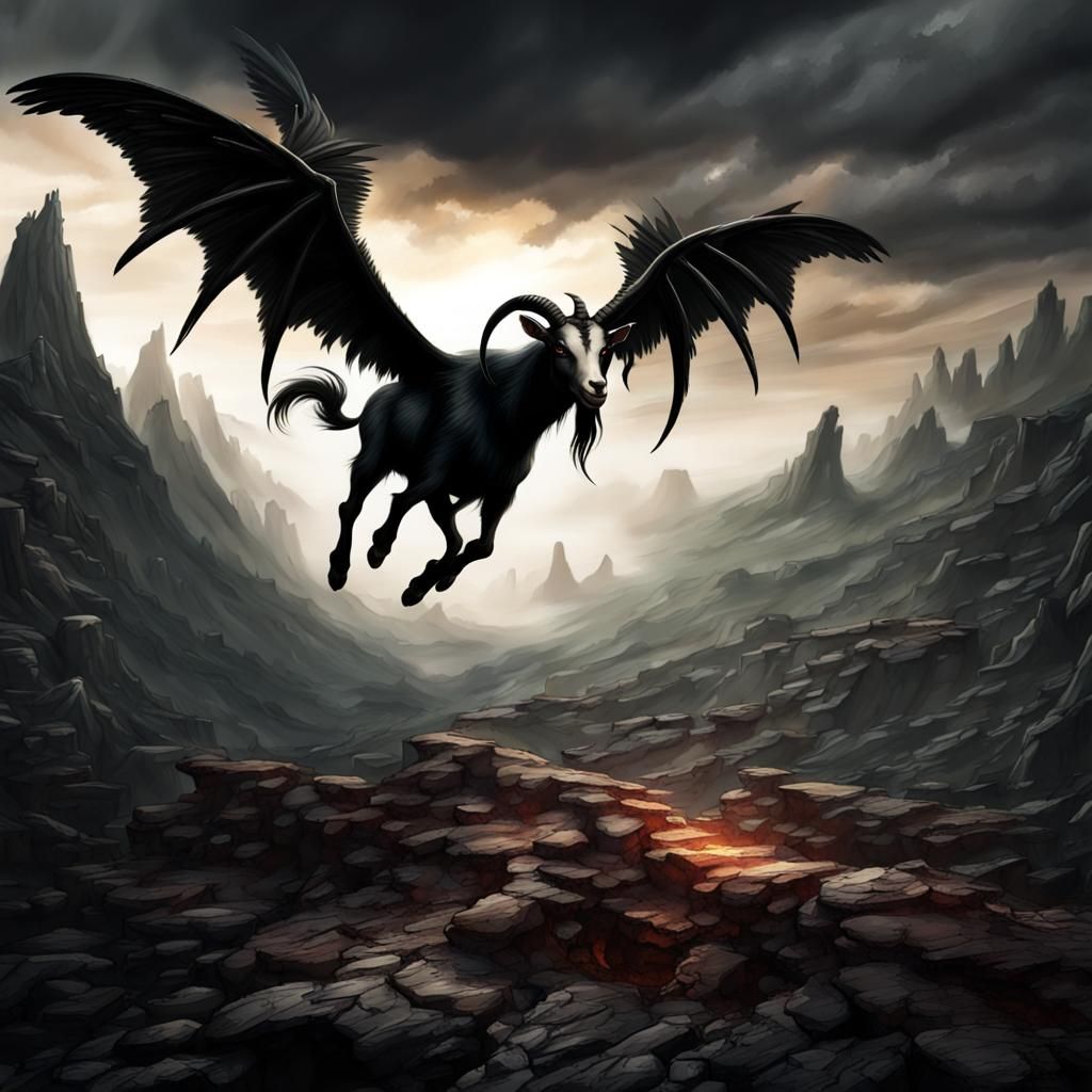 Winged Demon Goat in Dark Fantasy Landscape