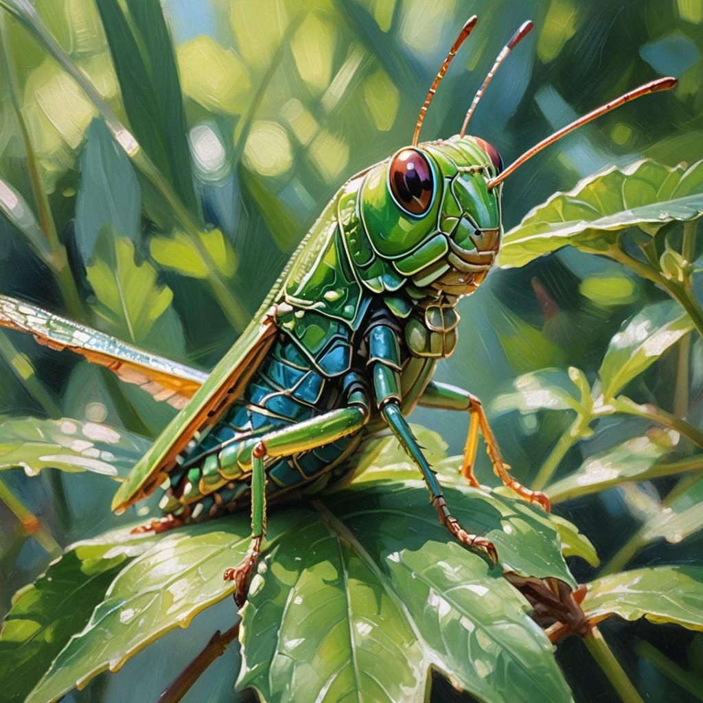 Kawaii Grasshopper Portrait in Impressionist Style