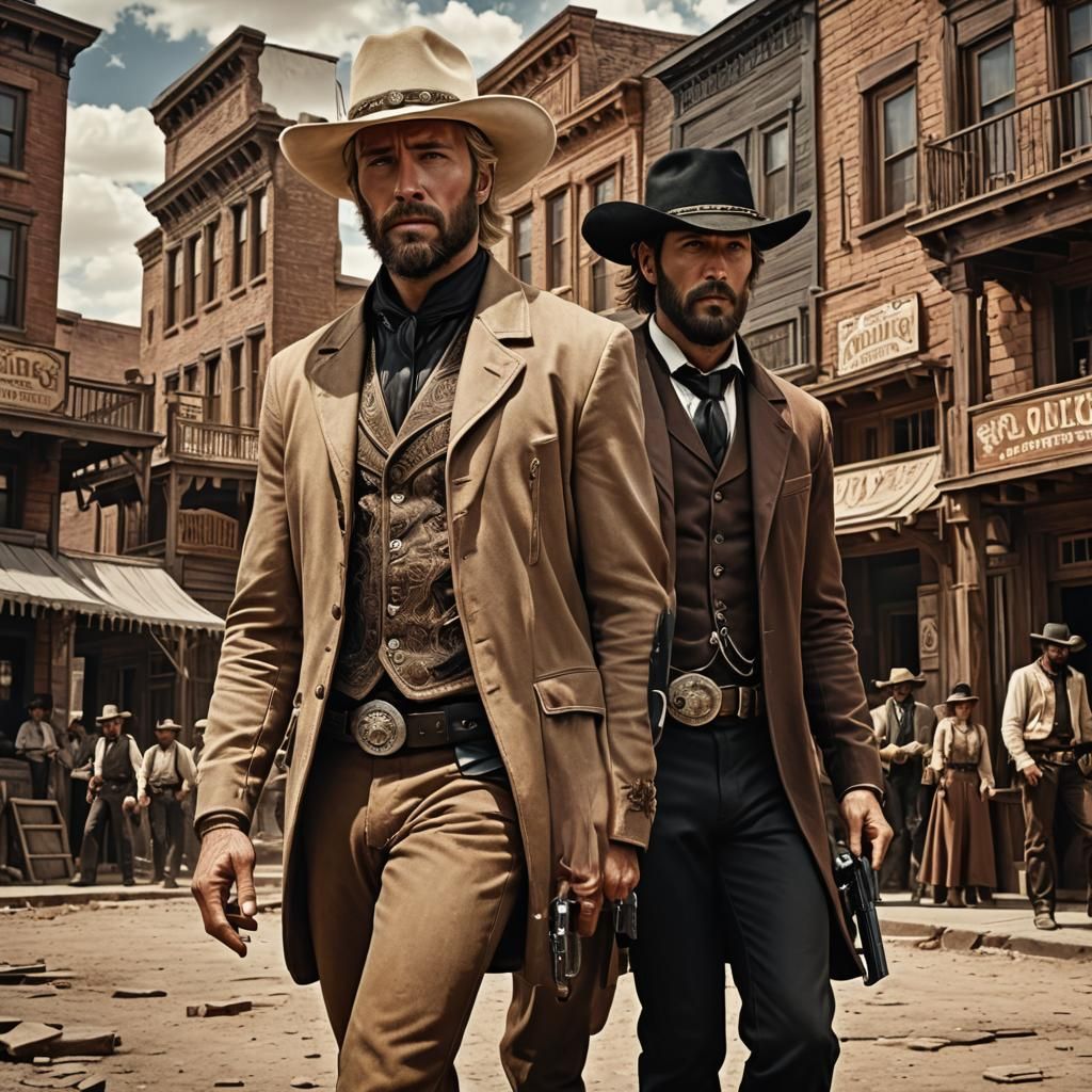 Old West Showdown: Tense Gunfighters in Golden Light