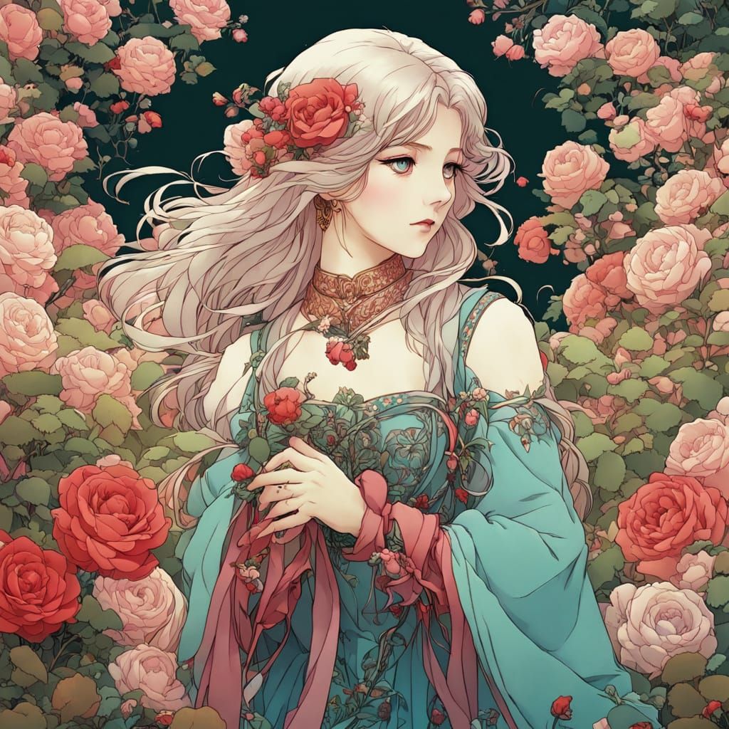 Girl in a Vibrant Rose Garden, Ink Outline Style