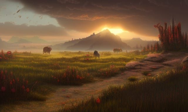 Dark Fantasy Prairie Landscape, Epic Digital Art