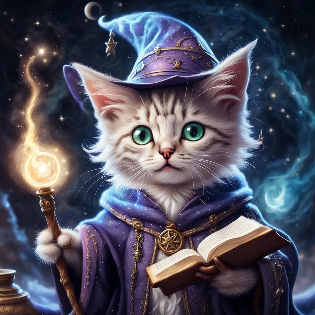 Anthropomorphic Kitten Wizard Casting Spells