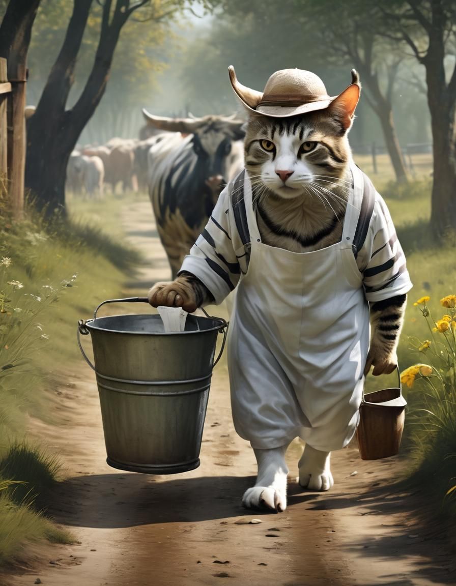 Fantasy Cat Herds Cow in Digital Painting