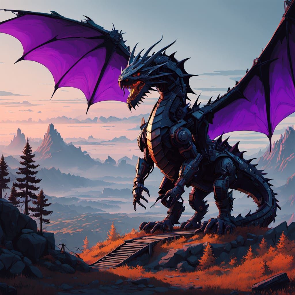 Cyber Dragon Soars into Sunrise with Vibrant Purple Electric...