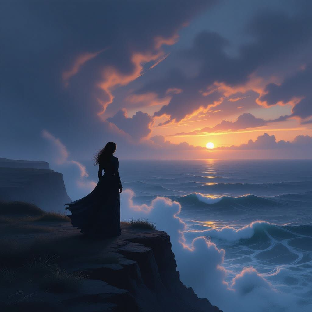 Woman on Cliff Overlooking Sea in Dramatic Twilight