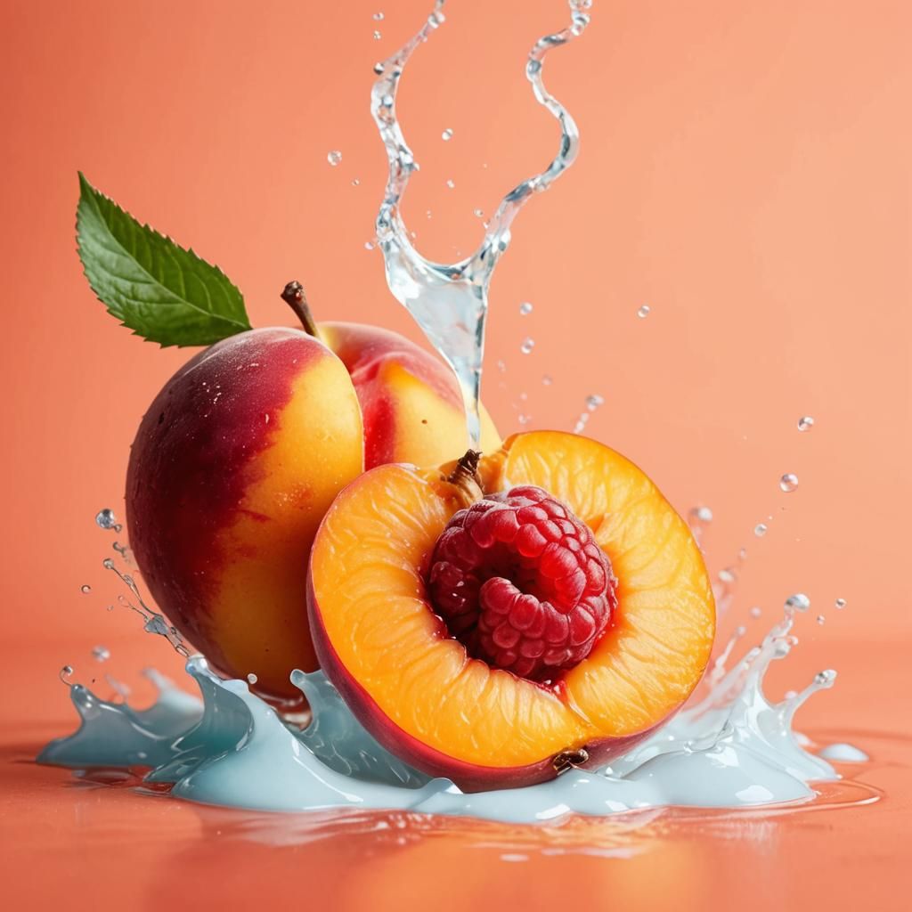 Halved Peach with Raspberries in White Liquid