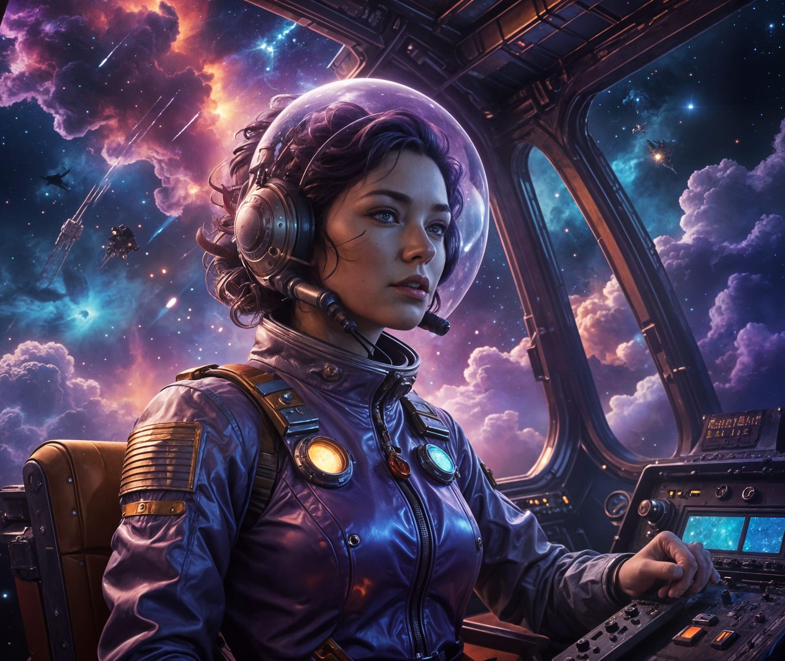 Retro-Futuristic Airship Pilot in Nebula: Digital Matte Pain...